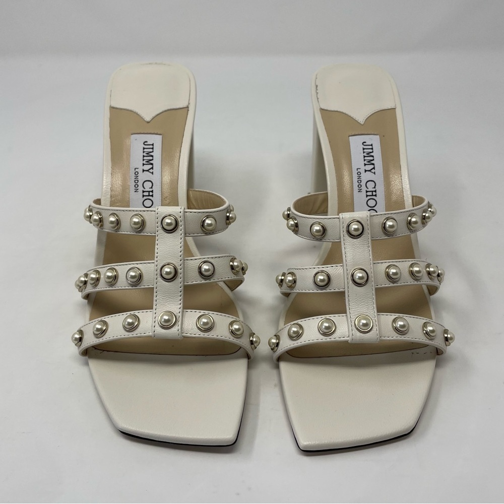 Nib JIMMY CHOO HAZAL 85 LATTE NAPPA CAGED MULES WITH PEARL STUDS IN CREAM - Picture 12 of 13